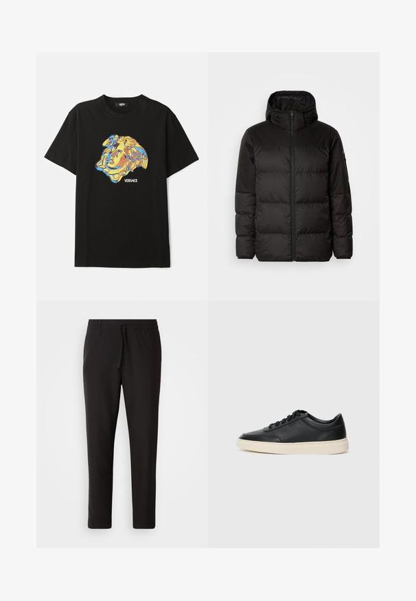 Melna pūkainā jakā iezīmes ir rāvējslēdzēja aizdare, kapuce, kvadrātveida šuves un elastīgas aproces, izgatavota no gludas, ūdensizturīgas vielas.; Melna kokvilnas t-kreklu ar krāsainu grafiku, kurā attēlota seja zilā un dzeltenā krāsā, ar vārdu "VERSACE" zem tā. Standarta apaļa kakla izgriezums un īsas piedurknes.; Melnas sporta bikses no gludas auduma. Tām ir elastīga josta ar auklu, sašaurinātas kājas un nav redzamu kabatu. Vienkāršs dizains.; Melnas zemas ādas sporta kurpes ar melnām auklām un off-white zoli, rādītas no sānu profila uz baltā fona.