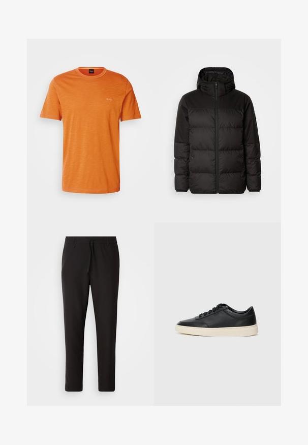 A fekete steppelt dzseki cipzáros záródással, kapucnival, steppelt részekkel és rugalmas mandzsettákkal rendelkezik, sima, vízálló anyagból készült.; Rövid ujjú, piros narancssárga pamut póló, kerek nyakkivágással és diszkrét, hozzá illő színű 'BOSS' logóval a mellen.; Fekete jogger nadrág sima anyagból. Rugalmas derekú, húzózsinórral, tapered lábakkal és látható zsebek nélkül készül. Egyszerű dizájn.; Fekete, alacsony szárú bőrsneaker fekete fűzőkkel és törtfehér talppal, oldalnézetben, fehér háttér előtt.