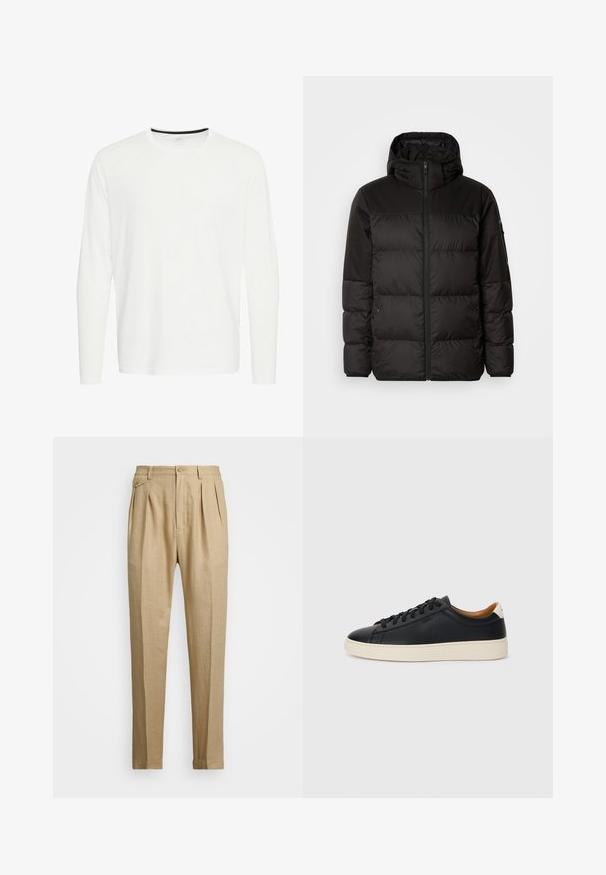 Schwarze Pufferjacke mit Reißverschluss, Kapuze, gesteppten Abschnitten und elastischen Bündchen, hergestellt aus einem glatten, wasserabweisenden Material.; Langarmhemd aus weißer Baumwolle, runder Ausschnitt und schwarzer Akzent am Kragen. Glatte Textur, gerader Saum, keine Muster oder Verzierungen.; Beige Leinenhose mit geradem Schnitt, ausgestattet mit zwei vorderen Falten, einem Knopfverschluss und seitlichen Taschen. Strukturierter Stoff mit glatter Oberfläche.; Schwarze Ledersneaker mit glatter Textur, beiger Gummisohle, Schnürdesign und einem kontrastierenden Fersenakzent.