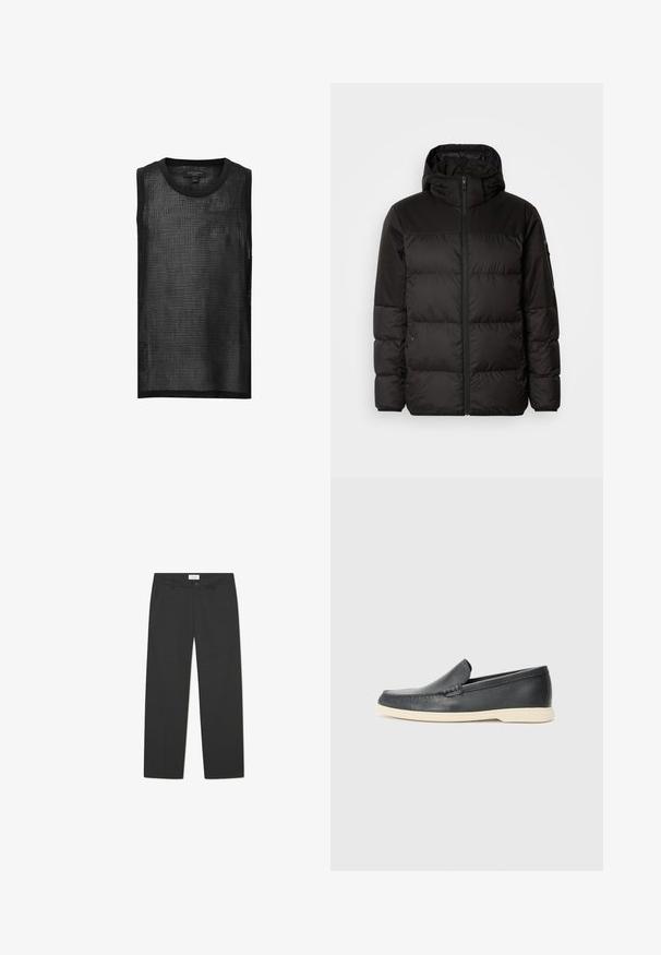 Čierna prešívaná bunda má zips, kapucňu, prešívané sekcie a elastické manžety, vyrobená z hladkého, vodeodolného materiálu.; Čierna bezrukávová sieťovaná tielko s mriežkovaným vzorom, okrúhlym výstrihom a surovými okrajmi. Ľahká a priedušná tkanina s voľným strihom.; Čierne nohavice vyrobené z ľahkej textílie. Majú rovný strih s plochým predným dielom, bočnými vreckami a diskrétnym pásom.; Čierne kožené slip-on mokasíny s textúrovaným povrchom a kontrastnou béžovou gumovou podrážkou. Obsahujú jemný akcent pozdĺž prednej časti.