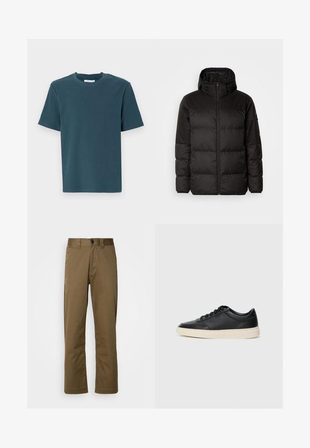 Juodas pūkinis švarkas turi užtrauktuką, gobtuvą, siūlinčius skyrius ir elastinius rankogalius, pagamintas iš lygaus, vandeniui atsparaus medžiagos.; Tamsiai žalia trumpa rankovė t-shirt su apvalia iškirpte. Pagaminta iš minkštos, tekstūruotos medžiagos. Tiesus kirpimas be raštų ar akcentų.; Rudos, tiesios kojų kelnės, pagamintos iš audinio. Yra mygtukų užsegimas, šoninės kišenės ir lygus paviršius. Prigludęs siluetas.; Juoda žema viršutinė odinė sportbačiai su juodais raišteliais ir kreminiu padu, pateikti šoniniame profilyje ant baltos fono.