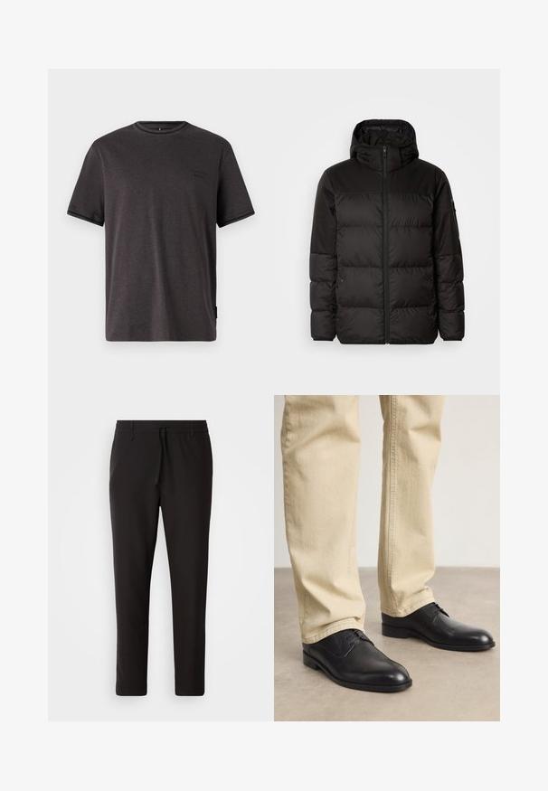 Melna pūkainā jakā iezīmes ir rāvējslēdzēja aizdare, kapuce, kvadrātveida šuves un elastīgas aproces, izgatavota no gludas, ūdensizturīgas vielas.; Sarkanā pelēkā īsām piedurknēm T-krekls izgatavots no mīksta auduma. Iezīmē apļa kakla izgriezumu un nelielu logotipu uz krūšu daļas. Gluda tekstūra.; Melnas sporta bikses no gludas auduma. Tām ir elastīga josta ar auklu, sašaurinātas kājas un nav redzamu kabatu. Vienkāršs dizains.; Melnas ādas kurpes ar auklēm, ar noapaļotu degunu, gludu apdari un smalkiem šuvēm, valkātas ar gaiši bežām biksēm.