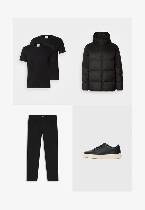 Black puffer jacket features a zip closure, a hood, quilted sections, and elastic cuffs, made from a smooth, water-resistant material.; Black cotton t-shirts with crew necks and short sleeves. Features small logo on the chest. Supplied as a pack of two.; Black denim trousers with a straight cut, featuring a standard waistband, five pockets, and a button closure. Smooth texture throughout.; Black low-top leather sneaker with black laces and off-white sole shown in side profile on white background.