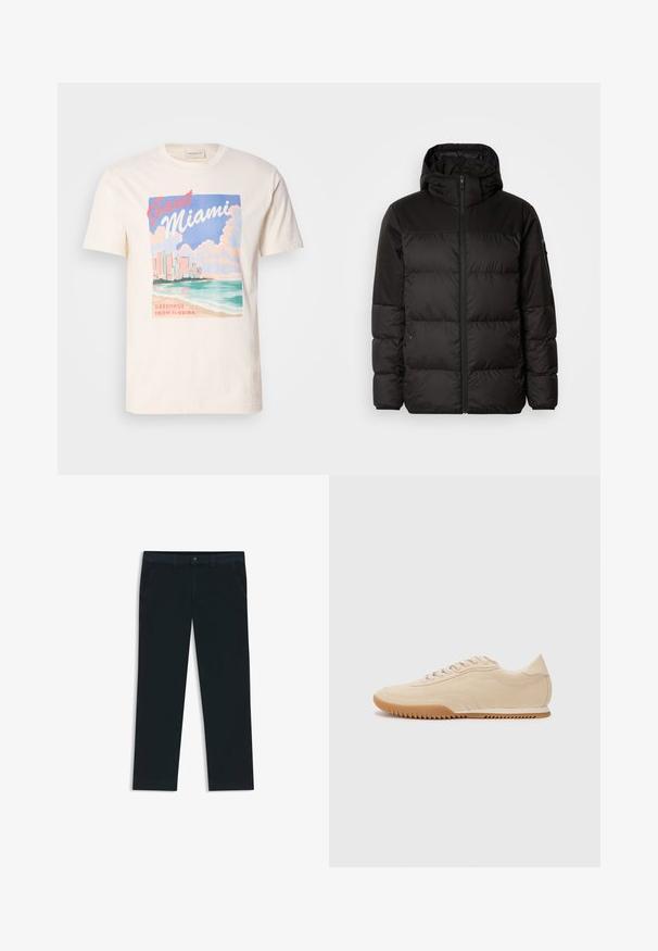 Zwarte pufferjas met ritsluiting, een capuchon, gequiltte secties en elastische manchetten, gemaakt van een glad, waterafstotend materiaal.; Crème katoenen t-shirt met een grafische print van de skyline van Miami, golven en wolken in pastelkleuren, met de tekst "GANT Miami" en "Groeten uit Florida".; Donkerblauwe chino's gemaakt van een katoenmix stof. Voorzien van riemlussen, front pockets en een rits met knoopsluiting.; Beige suede sneakers met een gestroomlijnd ontwerp, voorzien van een textuur bovenwerk, ronde neus en een rubberen zool met een zigzagpatroon.