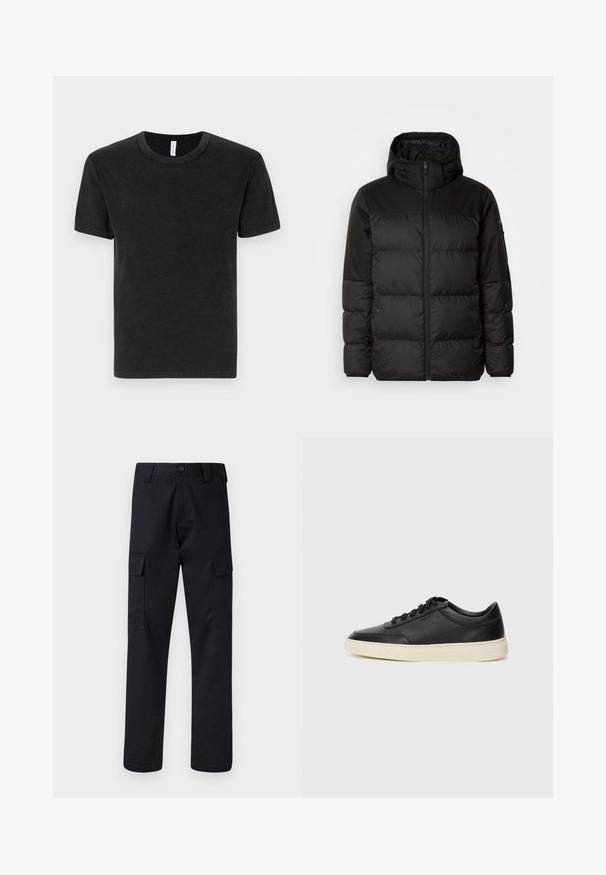 Melna pūkainā jakā iezīmes ir rāvējslēdzēja aizdare, kapuce, kvadrātveida šuves un elastīgas aproces, izgatavota no gludas, ūdensizturīgas vielas.; Melnas kokvilnas t-krekls ar īsām piedurknēm, apaļu kakla izgriezumu un gludu tekstūru. Minimālistisks dizains, bez redzamām rakstām vai akcentiem.; Melni kravas bikses, kas izgatavotas no izturīga auduma, ar taisnu kāju griezumu, divām sānu kabatām un pogu aizdari jostas vietā.; Melnas zemas ādas sporta kurpes ar melnām auklām un off-white zoli, rādītas no sānu profila uz baltā fona.