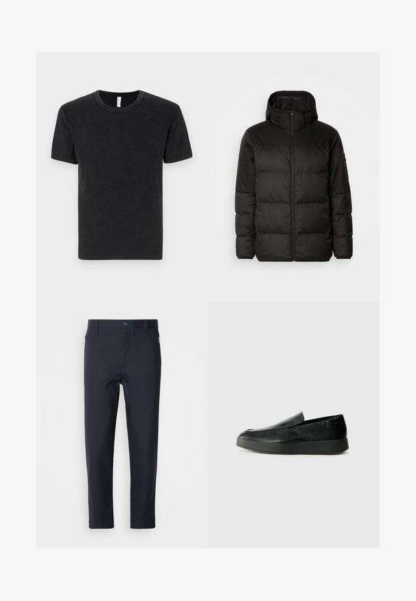 Czarna kurtka puchowa z zapięciem na zamek, kapturem, pikowanymi sekcjami i elastycznymi mankietami, wykonana z gładkiego, wodoodpornego materiału.; Czarna bawełniana koszulka z krótkimi rękawami, okrągłym dekoltem i gładką fakturą. Minimalistyczny design, bez widocznych wzorów lub akcentów.; Niebieskie garniturowe spodnie wykonane z gładkiego materiału, z zapinaną na zamek kieszenią, prostymi nogawkami i zapięciem na guzik w pasie.; Calvin Klein HYBRID CUP czarny
