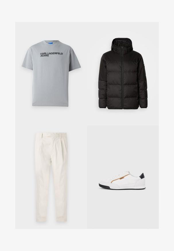 Juodas pūkinis švarkas turi užtrauktuką, gobtuvą, siūlinčius skyrius ir elastinius rankogalius, pagamintas iš lygaus, vandeniui atsparaus medžiagos.; Pilkas medvilnės marškinėliai su trumpomis rankovėmis ir apvaliu kaklu. Juodas užrašas "KARL LAGERFELD JEANS" ant priekio.; Balti, susiūtos kelnes, turinčios pritaikytą siluetą, pasižyminčias lygia tekstūra, dirželio kilpomis ir siaurėjančiomis kojomis. Nėra matomų kišenių ar raštų.; Balti sportiniai bateliai su tinklinėmis ir odinėmis detalėmis. Yra auksinė "BOSS" logotipas, tekstūruoti šonai ir juodas kulno dangtelis. Guminis padas.