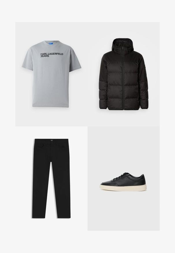 Musta puhvijakku sisältää vetoketjun, hupun, tilkuista koostuvia osioita ja joustavat hihansuut. Se on valmistettu sileästä, vedenpitävästä materiaalista.; Harmaa puuvillapaita, jossa on lyhyet hihat ja pyöreä kaula-aukko. Edessä musta teksti "KARL LAGERFELD JEANS".; Musta farkkutakki suoran leikkauksen kanssa, varustettuna tavallisella vyötäröllä, viidellä taskulla ja nappisulkimella. Yhtenäinen sileä pinta.; Musta matalavartinen nahkastretchu, jossa on mustat nauhat ja vaaleanharmaa pohja, esitetty sivuprofiilissa valkoista taustaa vasten.