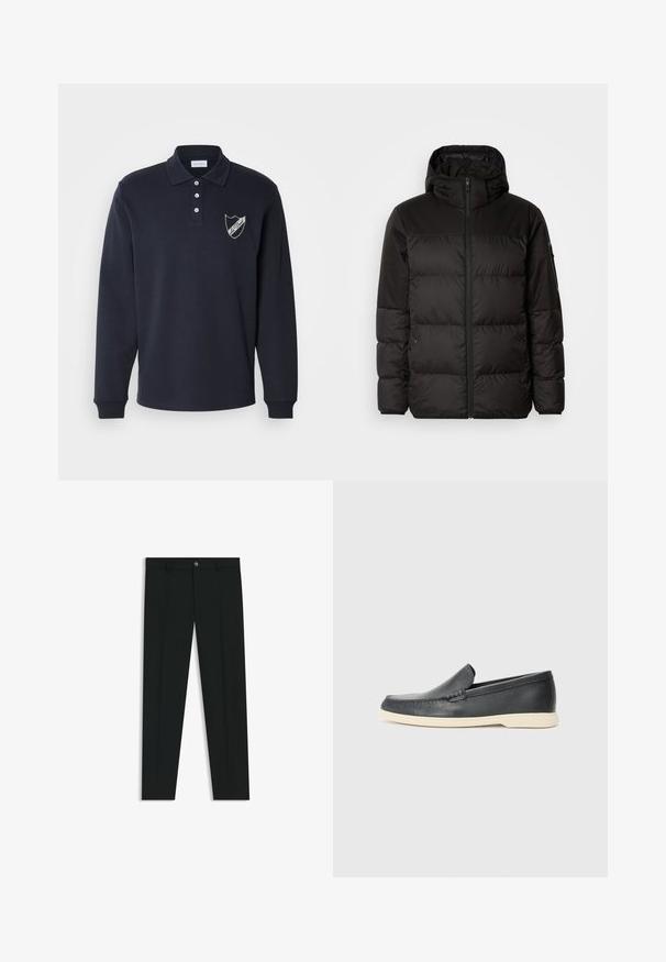 Black puffer jacket features a zip closure, a hood, quilted sections, and elastic cuffs, made from a smooth, water-resistant material.; Navy long-sleeve polo shirt, cotton blend, features a three-button placket, ribbed cuffs, and a white shield logo on the left chest.; Black dress pants with a straight-leg design, made of smooth fabric. Features a front button closure and belt loops. Plain without patterns.; Black leather slip-on loafers with a textured finish and a contrasting beige rubber sole. Features a subtle accent along the front.