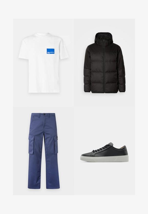 Black puffer jacket features a zip closure, a hood, quilted sections, and elastic cuffs, made from a smooth, water-resistant material.; White cotton t-shirt featuring a blue rectangular logo patch on the left chest with "KARL LAGERFELD JEANS" text. Crew neck design.; Navy cargo pants made of durable fabric, featuring side pockets, a straight-leg design, and a button closure at the waist.; Black leather sneaker with a smooth texture, round toe, and black laces. Features a thick, white rubber sole with subtle geometric accents.