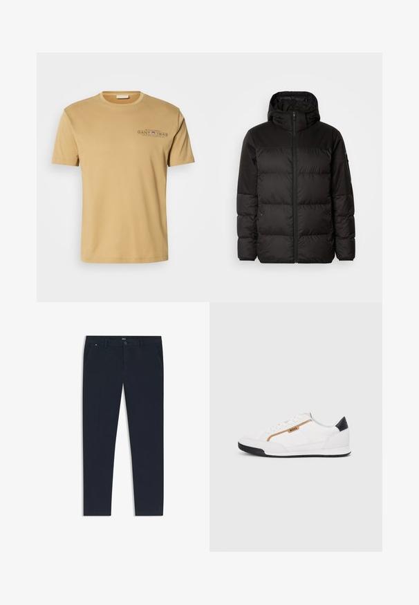 Sort pufferjakke med lynlås, hætte, quiltede sektioner og elastiske manchetter, lavet af et glat, vandafvisende materiale.; Lyse beige bomulds t-shirt med rund halsudskæring, korte ærmer og et trykt logo med "GANT 1949" i mørkeblå på brystet.; Mørkeblå bukser lavet af letvægtsstof, med et lige ben design, sidelommer og en frontknaplukning med brandingdetalje.; Hvide atletiske sko med mesh og læderdetaljer. Har et gyldent "BOSS" logo, teksturerede sidepaneler og en sort hælkappe. Gummisål.
