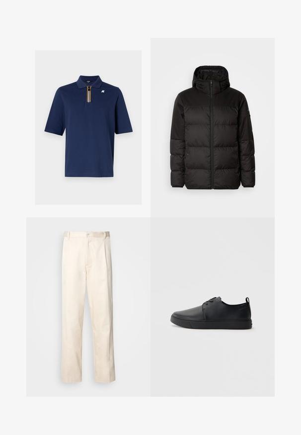 Čierna prešívaná bunda má zips, kapucňu, prešívané sekcie a elastické manžety, vyrobená z hladkého, vodeodolného materiálu.; Námornícky polo tričko z bavlny s krátkym zipsom a detailom pruhov v žltej, bielej a čiernej farbe. Na hrudi sa nachádza malé logo.; Béžové bavlnené nohavice so strihom rovného nohu, s gombíkovým zapínaním a záhybmi vpredu pre pridanie detailu.; Čierne kožené tenisky s hladkým povrchom, zaoblenou špičkou, tonálnym šitím, šnurovaním vpredu a plochou gumovou podrážkou. Obojok na päte.