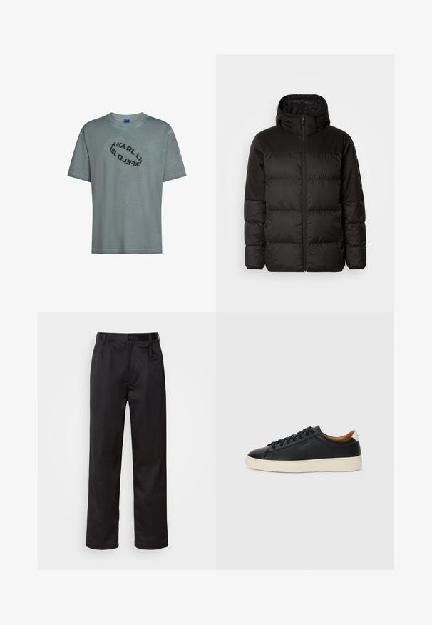 Μαύρο μπουφάν με φερμουάρ, κουκούλα, παραγεμισμένα τμήματα και ελαστικές μανσέτες, κατασκευασμένο από λείο, αδιάβροχο υλικό.; Ανοικτό τιρκουάζ βαμβακερό μπλουζάκι με χαλαρή εφαρμογή. Διαθέτει εκτύπωση μαύρου οβάλ λογότυπου που γράφει "KARL LAGERFELD" στη ρόγειο του στήθους. Κοντά μανίκια.; Μαύρο παντελόνι από λείο ύφασμα, με κλείσιμο μπροστά με κουμπί, πιέτες και ίσια πόδια. Χωρίς ορατά σχέδια ή διακοσμητικά στοιχεία.; Μαύρα δερμάτινα παπούτσια αθλητικά με λεία υφή, μπεζ καουτσούκ σόλα, σχέδιο με κορδόνια και αντίθεση στη φτέρνα.