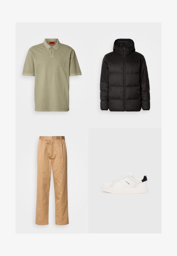 Il giubbotto puffo nero presenta una chiusura con zip, un cappuccio, sezioni trapuntate e polsini elastici, realizzato in un materiale liscio e resistente all'acqua.; Polo shirt color khaki con colletto, maniche corte e logo ricamato "HUGO" sul petto sinistro. Materiale in cotone morbido, design minimalista.; Pantaloni kaki, in misto cotone, design a gamba dritta, con pieghe frontali, passanti per cintura e chiusura a bottone. Tessuto liscio senza fantasie.; Sneakers bianche con accenti rosa chiaro e neri, caratterizzate da pannelli in pelle liscia e camoscio, punta tonda e suola piatta in gomma.