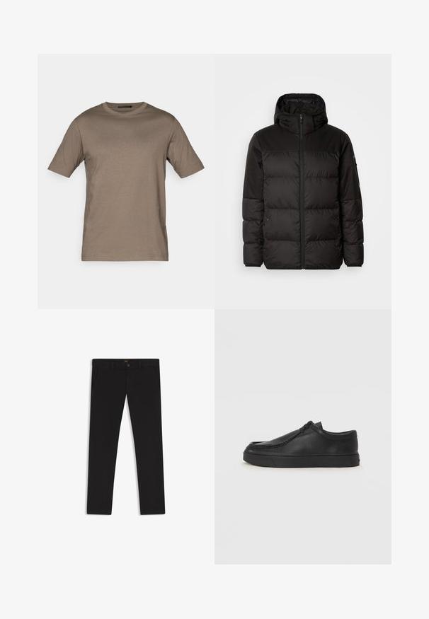 Czarna kurtka puchowa z zapięciem na zamek, kapturem, pikowanymi sekcjami i elastycznymi mankietami, wykonana z gładkiego, wodoodpornego materiału.; Brązowa krótko rękawowa koszulka wykonana z miękkiego materiału, z okrągłym dekoltem i luźnym krojem, o gładkiej, równej fakturze.; Czarne spodnie uszyte z materiału o gładkiej teksturze. Posiadają zapięcie na guzik, szlufki na pasek oraz boczne kieszenie. Standardowy krój prostych nogawek.; Czarne skórzane buty wsuwane z okrągłym noskiem, przeszyciami i czarną gumową podeszwą. Gładka faktura z minimalistycznym wzornictwem.