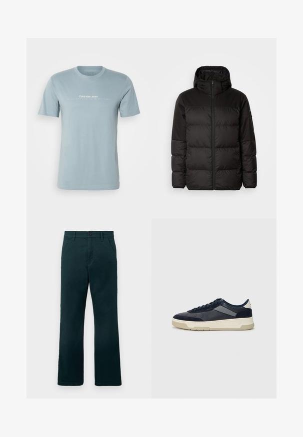 Juodas pūkinis švarkas turi užtrauktuką, gobtuvą, siūlinčius skyrius ir elastinius rankogalius, pagamintas iš lygaus, vandeniui atsparaus medžiagos.; Šviesiai mėlynas medvilninis marškinėliai trumpomis rankovėmis, apvaliu kaklu ir baltu "Calvin Klein Jeans" logotipu, spaustu per krūtinę. Lygi tekstūra.; Tamsiai žalios tiesios kelnės su diržo kilpomis, šoninėmis kišenėmis ir sagčių uždarymu ant vientiso balto fono.; BOSS BALTIMORE - Sportbačiai - open blue