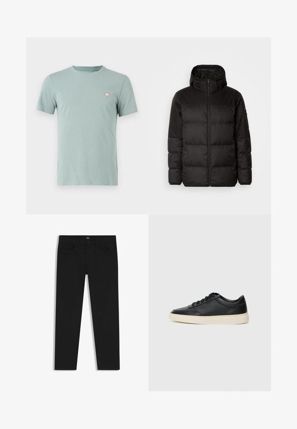 Il giubbotto puffo nero presenta una chiusura con zip, un cappuccio, sezioni trapuntate e polsini elastici, realizzato in un materiale liscio e resistente all'acqua.; T-shirt di cotone verde chiaro con scollatura rotonda e maniche corte. Presenta un piccolo logo triangolare rosso sul lato sinistro del petto.; Pantaloni in denim nero con taglio dritto, dotati di vita standard, cinque tasche e chiusura con bottone. Texture liscia su tutta la superficie.; Sneaker in pelle nera a basso profilo con lacci neri e suola avorio, mostrato di profilo su sfondo bianco.