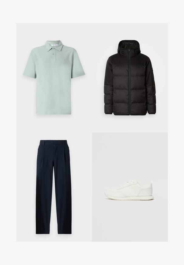 Juodas pūkinis švarkas turi užtrauktuką, gobtuvą, siūlinčius skyrius ir elastinius rankogalius, pagamintas iš lygaus, vandeniui atsparaus medžiagos.; Šviesiai žalia polo marškinėlių su tekstūruota medžiaga, trumpomis rankovėmis, apykakle, dviem mygtukais priekyje ir siuvinėtu logotipu ant krūtinės.; Tamsiai mėlyni kelnių su lygiu paviršiumi, plačiomis kojomis, priekiniais raukiniais, diržo kilpelėmis ir užtrauktuku. Tinka tiek formaliam, tiek kasdieniam dėvėjimui.; Balti sportbačiai su tinkline ir sintetine viršutine dalimi, apvaliu nosiu, plokščiomis raištelėmis ir tekstūruota šonine juosta. Guma, kurios padas su vilkimo kilpute gale.