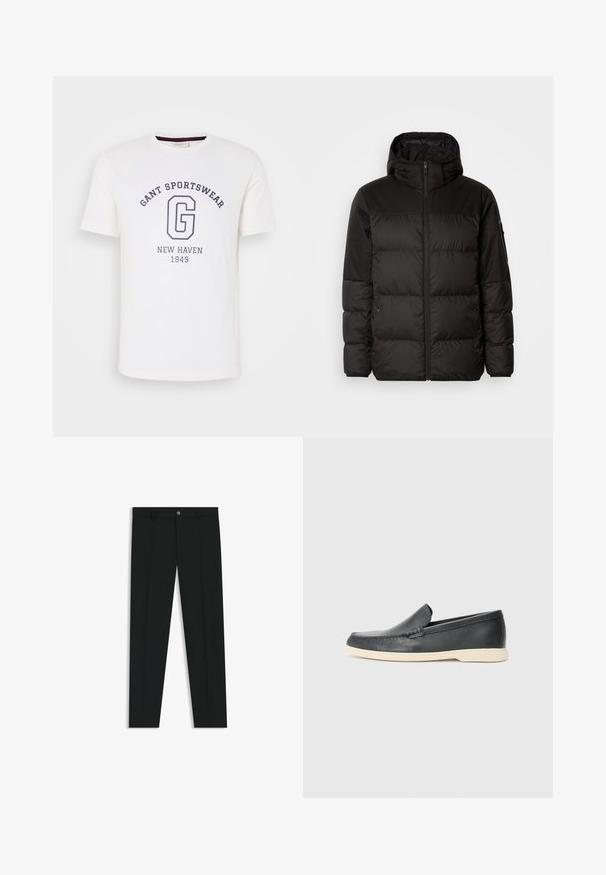 Black puffer jacket features a zip closure, a hood, quilted sections, and elastic cuffs, made from a smooth, water-resistant material.; White cotton t-shirt featuring a crew neckline, short sleeves, and dark blue printed text: "GANT SPORTSWEAR," "NEW HAVEN," and "1949."; Black dress pants with a straight-leg design, made of smooth fabric. Features a front button closure and belt loops. Plain without patterns.; Black leather slip-on loafers with a textured finish and a contrasting beige rubber sole. Features a subtle accent along the front.