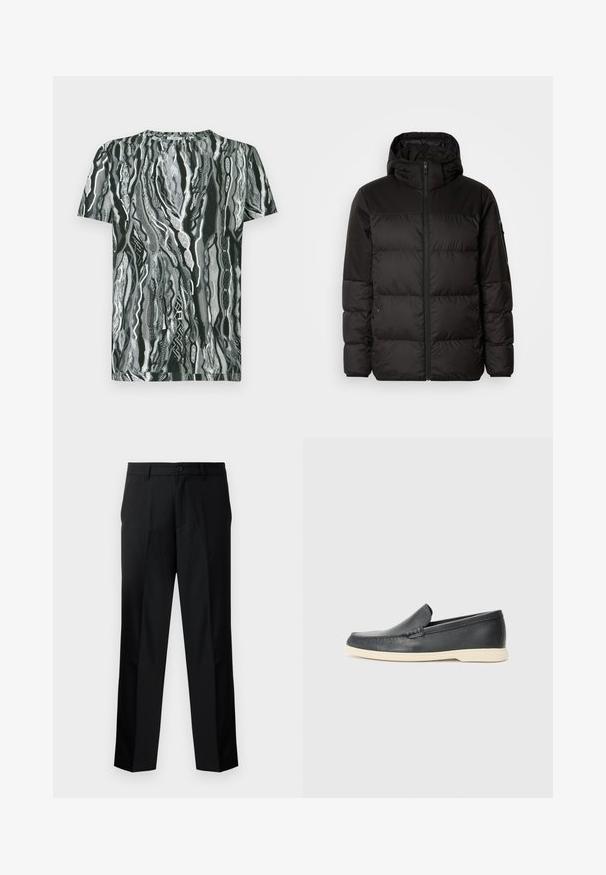 Črna zimska jakna ima zadrgo, kapuco, prešite odseke in elastične manšete, izdelana je iz gladkega, vodoodpornega materiala.; Majica s kratkimi rokavi v črno-beli abstraktni vzorec valov, z okroglim izrezom in gladko teksturo bombažnega blaga.; Črne hlače z ravnim krojem, s zapiranjem na gumb, zadrgo in obrobo za pas. Gladek material z stranskima žepoma.; Črne usnjene natikače z teksturiranim zaključkom in kontrastno bež gumo na podplatu. Imajo subtilen naglas vzdolž sprednje strani.