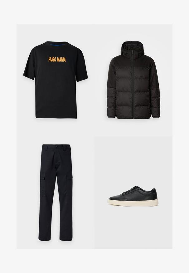 Black puffer jacket features a zip closure, a hood, quilted sections, and elastic cuffs, made from a smooth, water-resistant material.; Black cotton t-shirt with short sleeves, featuring "HUGO MANIA" printed in orange on the front. Round neckline, casual fit.; Black cargo pants made of sturdy fabric, featuring a straight-leg cut, two side pockets, and a button closure at the waistband.; Black low-top leather sneaker with black laces and off-white sole shown in side profile on white background.