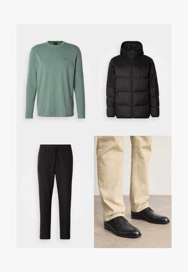 Geacă puffer neagră cu închidere cu fermoar, glugă, secțiuni quilted și manșete elastice, realizată dintr-un material neted, rezistent la apă.; Tricou cu mânecă lungă, de culoare verde deschis, confecționat dintr-un material moale. Prezintă un gât rotund și un mic logo "BOSS" brodat pe piept.; Pantaloni de jogging negri, confecționați dintr-un material neted. Prezintă un talie elastică cu șnur, picioare conice și fără buzunare vizibile. Design simplu.; Pantofi din piele neagră, cu șireturi, vârf rotund, finisaj neted și detalii de broderie subtile, purtați cu pantaloni bej deschis.