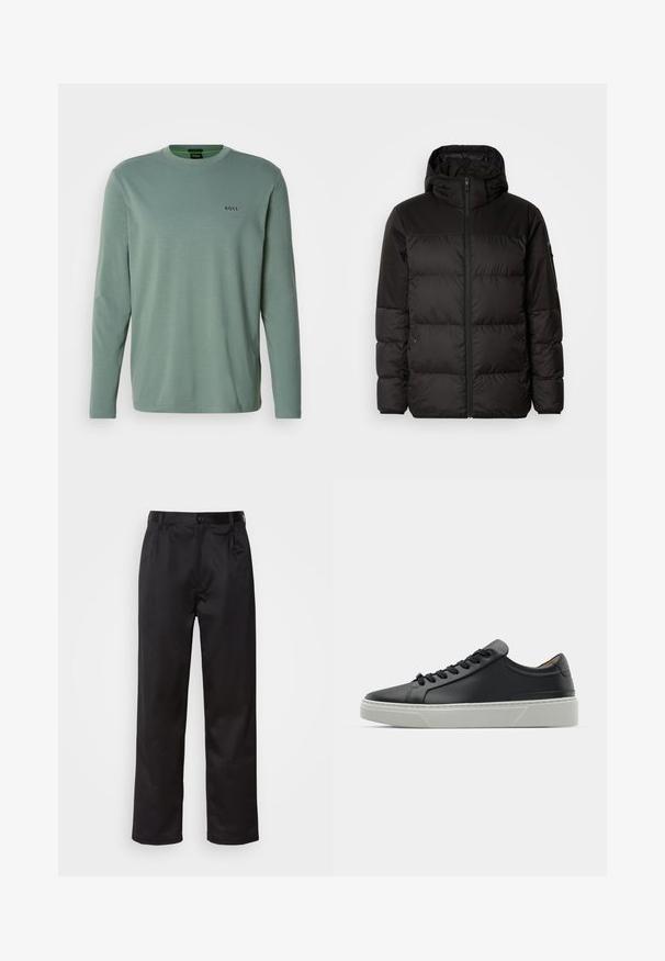 Crna puf jakna ima zatvaranje na zip, kapuljaču, kviltane dijelove i elastične manžete, izrađena je od glatkog, vodootpornog materijala.; Svjetlozeleni dugi rukav majica od mekog materijala. Ima okrugli izrez i mali izvezeni logo "BOSS" na prsima.; Crne hlače od glatkog materijala, s prednjim zatvaranjem na dugme, pregibima i ravnim nogavicama. Nema vidljivih uzoraka ili akcenta.; Crne kožne tenisice s glatkom teksturom, okruglim vrhom i crnim čipkastim vezicama. Imaju debeo bijeli gumeni potplat s suptilnim geometrijskim naglascima.