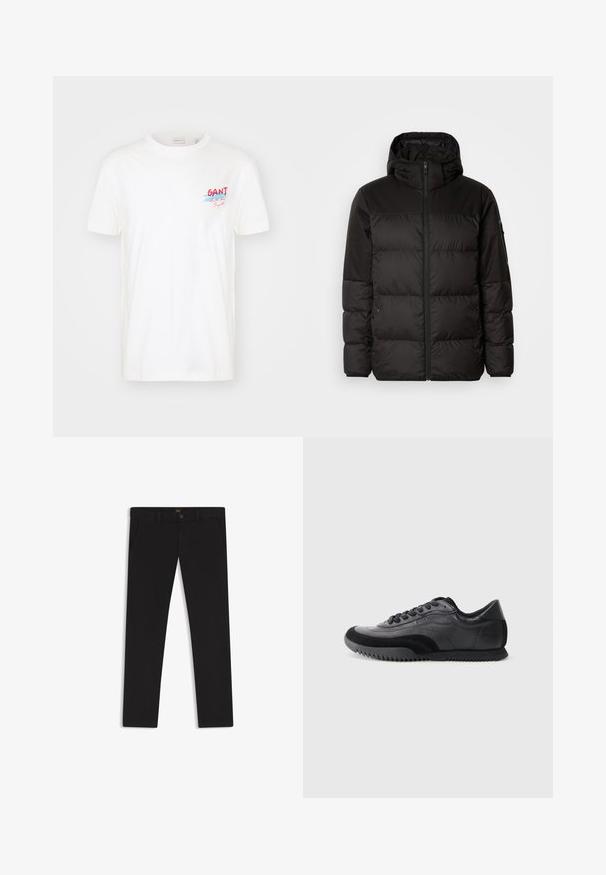 Black puffer jacket features a zip closure, a hood, quilted sections, and elastic cuffs, made from a smooth, water-resistant material.; White cotton T-shirt featuring short sleeves, a crew neck, and a colorful "GANT" logo with blue and red accents on the chest.; Black trousers made of fabric with a smooth texture. Features a button closure, belt loops, and side pockets. Standard straight-leg design.; Black and gray sneaker with smooth leather upper, textured accents, round toe, six-eyelet lace closure, and a ridged rubber sole.