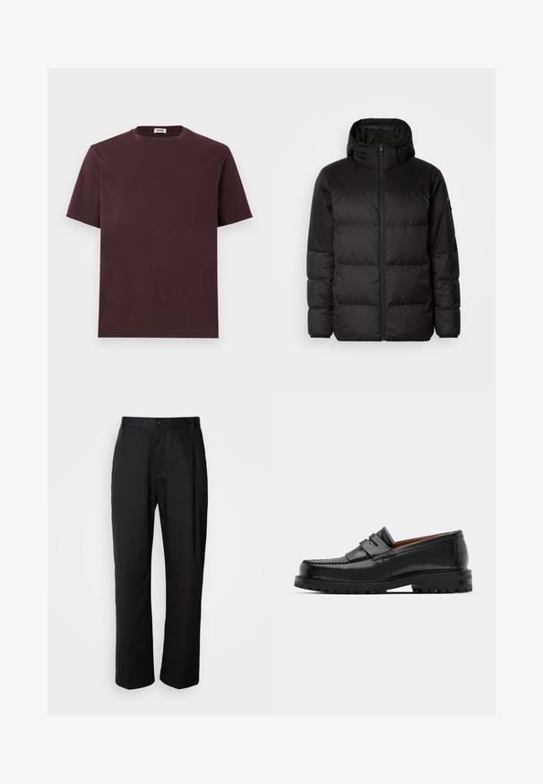 Black puffer jacket features a zip closure, a hood, quilted sections, and elastic cuffs, made from a smooth, water-resistant material.; Burgundy cotton T-shirt with a round neckline, short sleeves, and a relaxed fit. No visible logos or patterns. Soft texture.; Black trousers with a straight cut, made of lightweight fabric. Features a front button closure and two side pockets; smooth texture.; Black leather loafers feature a raised seam, two decorative straps on the upper, and a thick textured sole for added grip.
