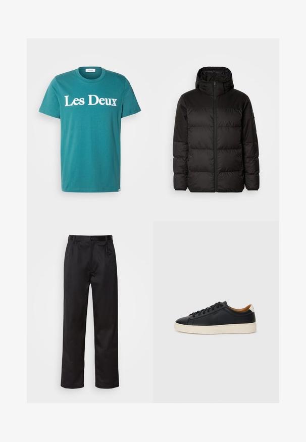 Melna pūkainā jakā iezīmes ir rāvējslēdzēja aizdare, kapuce, kvadrātveida šuves un elastīgas aproces, izgatavota no gludas, ūdensizturīgas vielas.; Zila kokvilnas T-kreklā ar apaļu dekoltē, uz krūtīm lieliem baltajiem burtiem ir izdrukāts "Les Deux". Īsas piedurknes un taisna piegriezuma.; Melnas bikses, kas izgatavotas no gludas auduma, ar priekšējo pogu aizdari, krokām un taisnām kājām. Nav redzamu rakstu vai akcentu.; Melni ādas sporta apavi ar gludu tekstūru, bēša krāsas gumijas zole, auklu aizdare un kontrastējošs papēža akcents.