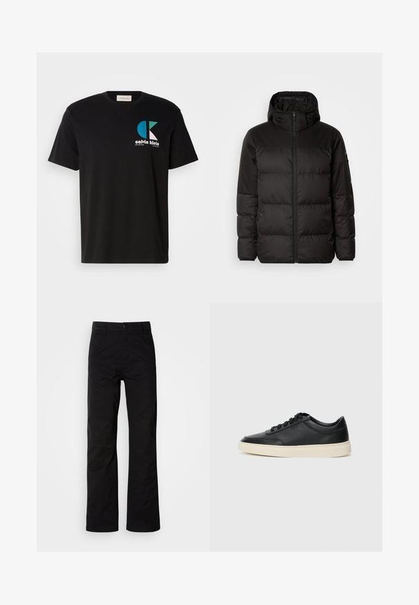 Black puffer jacket features a zip closure, a hood, quilted sections, and elastic cuffs, made from a smooth, water-resistant material.; Black cotton t-shirt featuring a graphic design with the logo "calvin klein" in white, teal, and pink. Round neckline and short sleeves.; Black cotton pants with a straight-leg design, featuring a button closure and belt loops. Smooth texture and minimalistic style with no visible patterns.; Black low-top leather sneaker with black laces and off-white sole shown in side profile on white background.