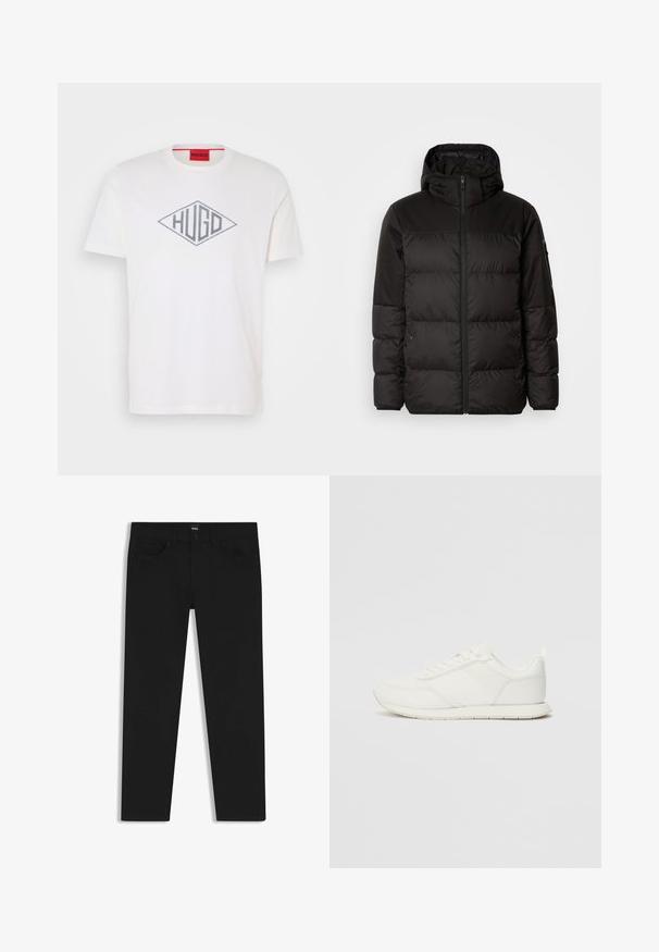Black puffer jacket features a zip closure, a hood, quilted sections, and elastic cuffs, made from a smooth, water-resistant material.; White cotton t-shirt featuring a gray diamond-shaped logo with "HUGO" text at the center. Crew neck and short sleeves.; Black denim trousers with a straight cut, featuring a standard waistband, five pockets, and a button closure. Smooth texture throughout.; White sneaker with a mesh and synthetic upper, round toe, flat laces, and a textured side stripe. Rubber sole with a pull tab at the back.