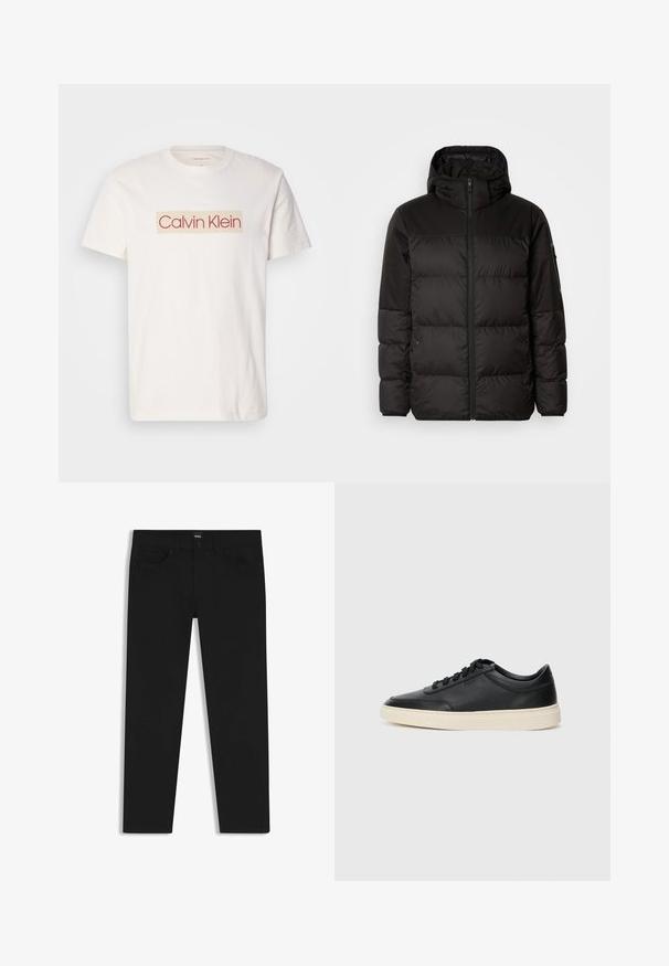 Zwarte pufferjas met ritsluiting, een capuchon, gequiltte secties en elastische manchetten, gemaakt van een glad, waterafstotend materiaal.; Witte katoenen t-shirt met een vierkant logo met "Calvin Klein" in rood en beige. Korte mouwen en een ronde hals.; Zwarte denim broek met een rechte snit, voorzien van een standaard tailleband, vijf zakken en een knoopsluiting. Gladde textuur overal.; Zwarte leren sneaker met lage schacht, zwarte veters en off-white zool, weergegeven in zijprofiel op een witte achtergrond.