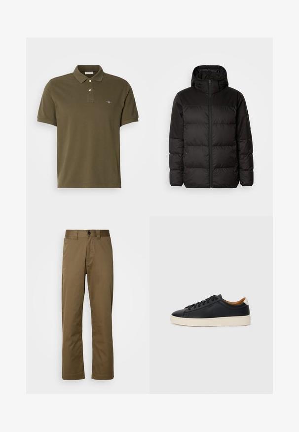 Melna pūkainā jakā iezīmes ir rāvējslēdzēja aizdare, kapuce, kvadrātveida šuves un elastīgas aproces, izgatavota no gludas, ūdensizturīgas vielas.; Olive zaļš polo krekls, izgatavots no kokvilnas, ar klasisku apkakli, divu pogu slēgšanu un mazu izšūtu logotipu uz krūtīm.; Brūnas, taisnas kājas bikses, kas izgatavotas no austas auduma. Iekļauj pogu aizdari, sānu kabatas un gludu tekstūru. Piegriezums pielāgots.; Melni ādas sporta apavi ar gludu tekstūru, bēša krāsas gumijas zole, auklu aizdare un kontrastējošs papēža akcents.