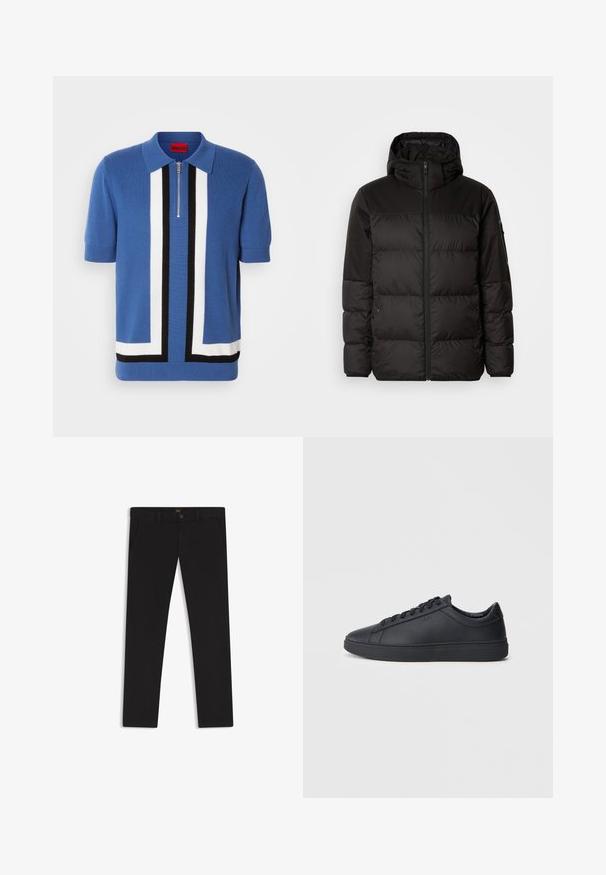 Svart puffjacka med blixtlås, huva, quiltade sektioner och elastiska mudd, tillverkad av ett slätt, vattentåligt material.; Kortärmad pikétröja i blått med dragkedja, med djärva svarta och vita geometriska ränder och en strukturerad stickad tyg. Röd etikett vid kragen.; Svarta byxor gjorda av tyg med en slät textur. Har en knäppning med knapp, bälteshällor och sidofickor. Standard rakt ben-design.; Svarta sneakers i slätt läder med låg design, rund tå och platt gummisula. Har snörning och subtil branding.