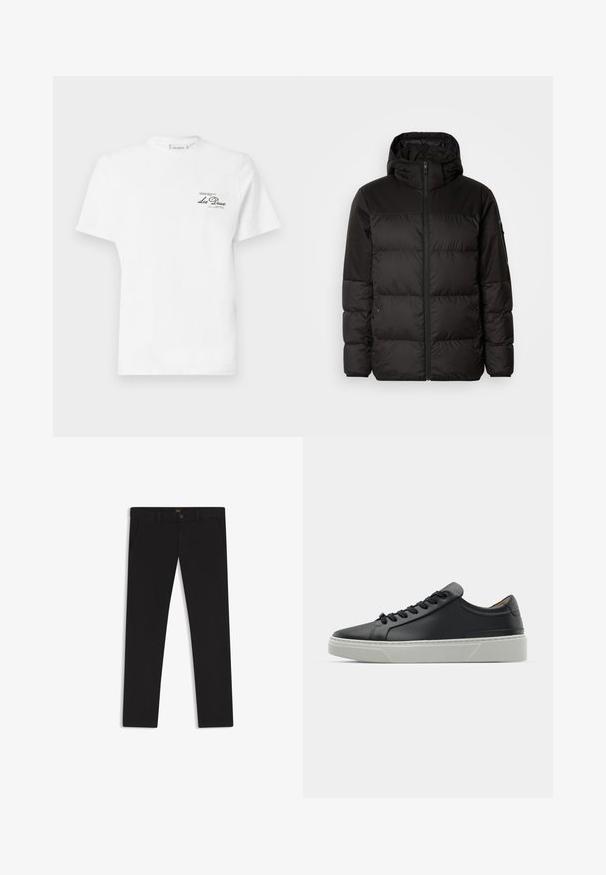 Zwarte pufferjas met ritsluiting, een capuchon, gequiltte secties en elastische manchetten, gemaakt van een glad, waterafstotend materiaal.; Witte katoenen t-shirt met een ronde hals, korte mouwen, met een klein zwart gedrukt logo op de linkerkant van de borst. Zachte textuur, normale pasvorm.; Zwarte broek van stof met een gladde textuur. Bevat een knoopsluiting, riemlussen en zijzakken. Standaard straight-leg ontwerp.; Zwarte leren sneaker met een gladde textuur, ronde neus en zwarte veters. Heeft een dikke, witte rubberen zool met subtiele geometrische accenten.