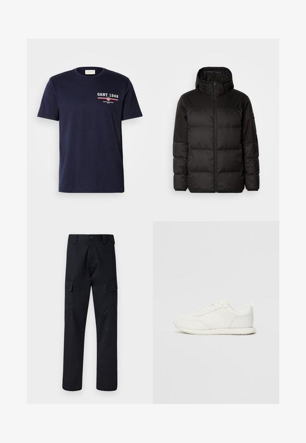 A jaqueta puffer preta apresenta um fecho zip, um capuz, secções acolchoadas e punhos elásticos, confeccionada em um material liso e resistente à água.; T-shirt de algodão azul-marinho com um logótipo branco "GANT 1949" e detalhes em vermelho, gola redonda, mangas curtas, textura suave, caimento básico.; Calças cargo pretas feitas de tecido resistente, com corte de perna direita, dois bolsos laterais e fecho de botão na cintura.; Sapatilha branca com parte superior em malha e sintético, bico arredondado, atacadores planos e uma faixa lateral texturizada. Sola em borracha com uma alça na parte de trás.