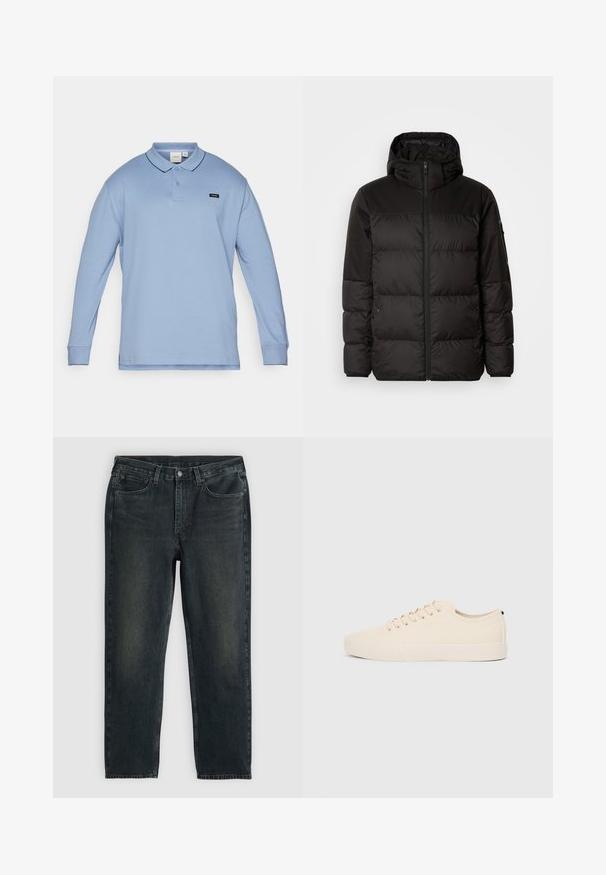 Čierna prešívaná bunda má zips, kapucňu, prešívané sekcie a elastické manžety, vyrobená z hladkého, vodeodolného materiálu.; Calvin Klein STRETCH - Top s dlhým rukávom - troposhere; Tmavomodré džínsy z denimu so strihom rovného strihu, ktoré majú päť vreciek, zips a kontrastné stehy. Na látke sú jemné ošúchané miesta.; Bežové plátnené tenisky s okrúhlou špičkou, plochou gumovou podrážkou a šnurovaním. Majú minimalistický dizajn a kontrastný čierny akcent na päte.