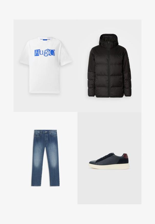 Melna pūkainā jakā iezīmes ir rāvējslēdzēja aizdare, kapuce, kvadrātveida šuves un elastīgas aproces, izgatavota no gludas, ūdensizturīgas vielas.; Baltas kokvilnas T-krekls ar zilu grafisko logotipu un tekstu dizainu. Īsas piedurknes, apaļa kakla izgriezuma un brīvs griezums.; Denima džinsi ar strīpota raksta, vidēji zila krāsa, izbalējušas sadaļas, taisna kāju griezuma, pieci kabatas un metāla pogas aizdare.; Zemāko vīriešu sporta apavu modelis melnā ādas un zamša apdarē ar bordo krāsas papēža cilpu un baltu gumijas zoli, skatoties no ārējās puses.