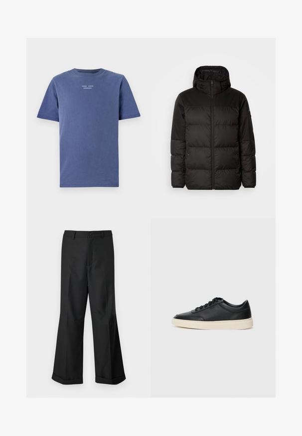 Černá péřová bunda má zipový uzávěr, kapuci, prošívané části a elastické manžety, vyrobená z hladkého, voděodolného materiálu.; Tyrkysové tričko s krátkým rukávem vyrobené z bavlny. Má kulatý výstřih a malý bílý nápis na hrudi: "SAMSØE SAMSØE KODAŇ."; Černé kalhoty s širokými nohavicemi, s páskem na knoflíky a zakončením nohavic do manžet, vystavené na čistém bílém pozadí.; Černé kožené nízké tenisky s černými tkaničkami a slonovinovou podešví, zobrazené v bočním profilu na bílém pozadí.