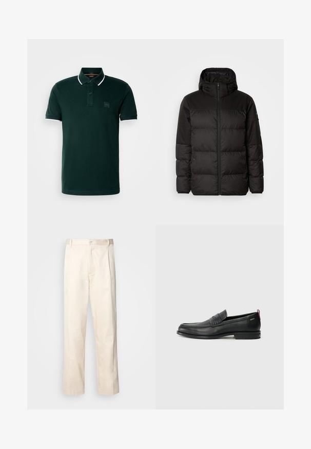 Černá péřová bunda má zipový uzávěr, kapuci, prošívané části a elastické manžety, vyrobená z hladkého, voděodolného materiálu.; Tmavě zelené polo tričko vyrobené z bavlny. Má dvouknoflíkovou légu, bílé akcenty na límci a rukávech a logo na hrudi.; Bežové bavlněné kalhoty se střihy rovného nohavice, s knoflíkovým zapínáním a záhyby vpředu pro zvýraznění detailu.; Černé kožené mokasíny s texturovaným předním panelem a hladkými stranami. Mají štíhlý podpatek a zadní poutko pro snadné obouvání. Klasický design.
