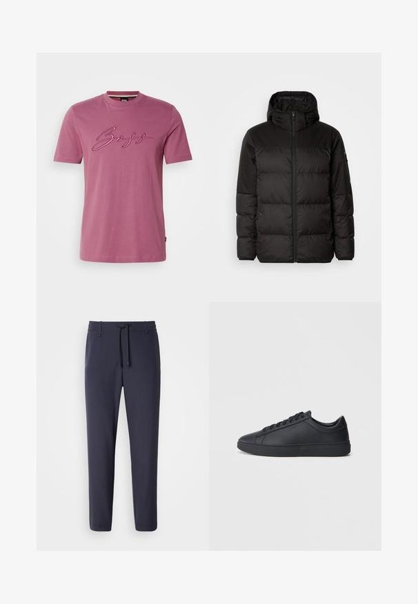 Mustikas puffer-jakk sisaldab tõmblukku, kapuutsi, tikandiga osi ja elastseid mansette, valmistatud siledast veekindlast materjalist.; Roosa puuvillane t-särkk lühikeste varrukatega ja ümmarguse kraega; esiküljel on kontrastse värviga broderitud "Boss" logo.; Tumesin jalgpüksid elastse vöökoha ja paelaga. Valmistatud siledast materjalist, millel on kitsenevad jalad ja nähtamatud taskud.; Mustad mustad mustad paelaga, ümmarguse ninaga ja tasase kummist tallaga madala lõikega mustad nahkjalatsid. Omab paelu ja peent brändingut.