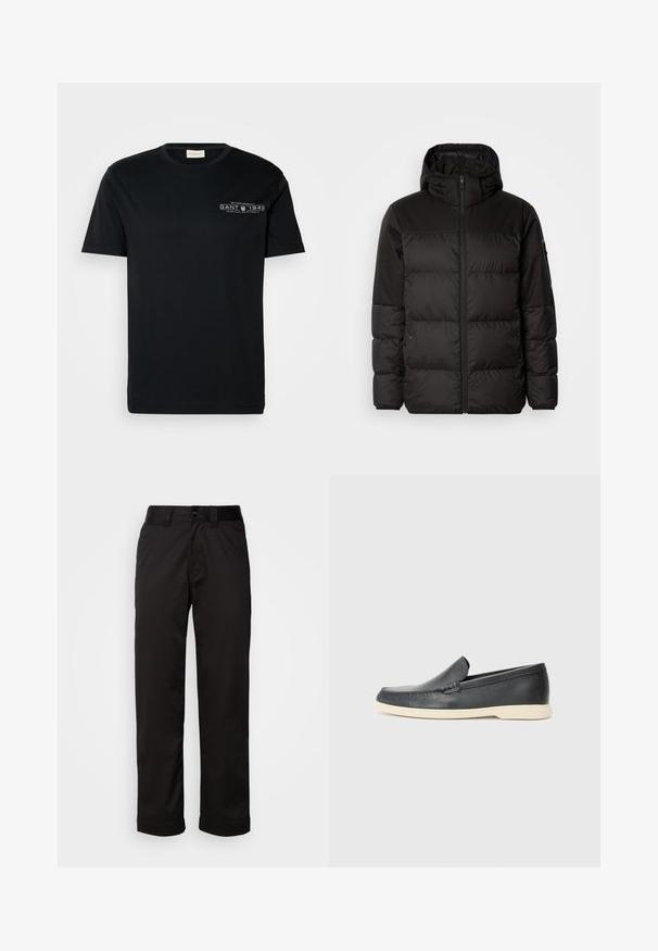 Sort pufferjakke med lynlås, hætte, quiltede sektioner og elastiske manchetter, lavet af et glat, vandafvisende materiale.; Sort bomulds t-shirt med korte ærmer, rund hals, og lille hvid grafisk tekst på venstre brystområde. Simpel, almindelig pasform.; Sorte bukser lavet af glat stof med lynlås, knaplukning og opsmøgede nedenkanter for et afslappet design.; Sorte læder slip-on loafers med en struktureret overflade og en kontrasterende beige gummisål. Har en subtil detalje langs forsiden.