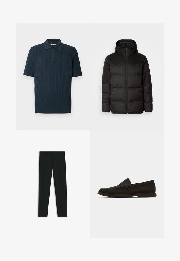 Czarna kurtka puchowa z zapięciem na zamek, kapturem, pikowanymi sekcjami i elastycznymi mankietami, wykonana z gładkiego, wodoodpornego materiału.; Granatowy polo z krótkim rękawem o prążkowanej fakturze, z kołnierzykiem i plisą na trzy guziki.; Czarne spodnie materiałowe z prostymi nogawkami, wykonane z gładkiego materiału. Posiadają zamek na guzik z przodu oraz szlufki na pasek. Gładkie, bez wzorów.; Ciemnobrązowe zamszowe wsuwane mokasyny z przeszytym noskiem, niskoprofilową gumową podeszwą i teksturowanymi akcentami na cholewce.