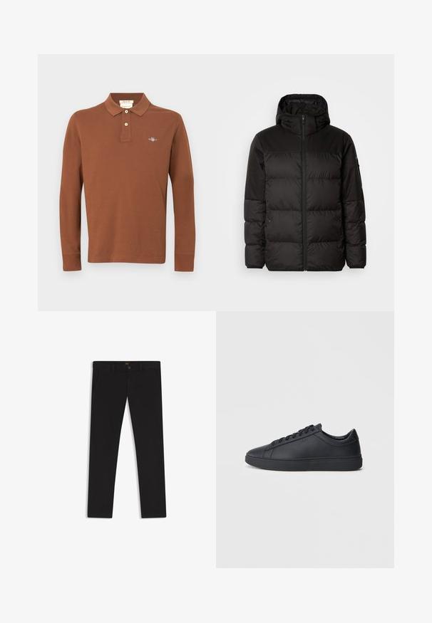 Musta puhvijakku sisältää vetoketjun, hupun, tilkuista koostuvia osioita ja joustavat hihansuut. Se on valmistettu sileästä, vedenpitävästä materiaalista.; Ruskea pitkähihaisen puuvillaisen polopaidan, jossa on kolmipainikkeinen napa ja kirjailtu logo rinnassa. Sileä pinta.; Mustat housut, jotka on valmistettu sileätekstiilisestä kankaasta. Varustettu nappikiinnityksellä, vyölenkeillä ja sivutaskuilla. Standardi suora lahjemalli.; Mustat lenkkarit, jotka on valmistettu sileästä nahasta, matalalla varrella, pyöreällä varvalla ja tasaisella kumipohjalla. Varusteena nauhat ja huomaamaton brändäys.