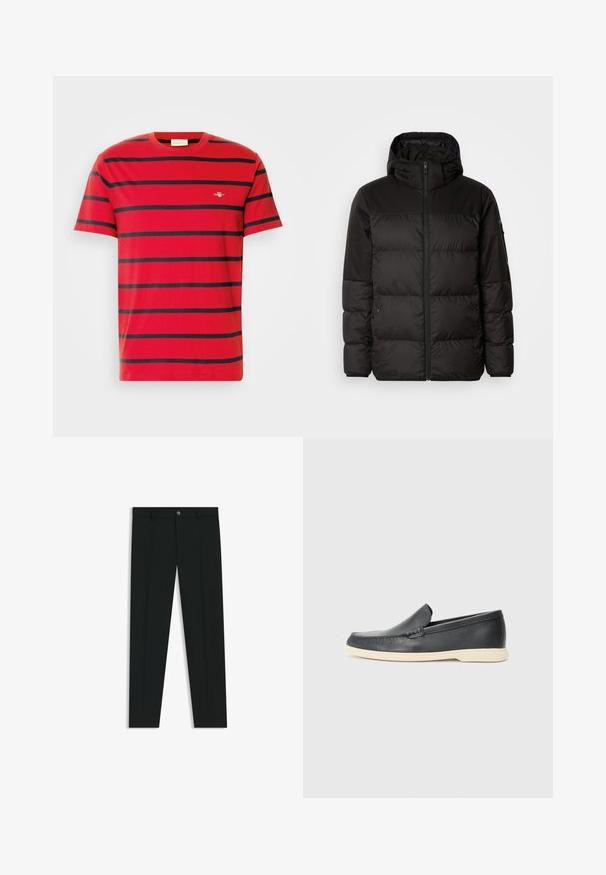 Il giubbotto puffo nero presenta una chiusura con zip, un cappuccio, sezioni trapuntate e polsini elastici, realizzato in un materiale liscio e resistente all'acqua.; T-shirt in cotone rosso con righe orizzontali blu navy, colletto a girocollo e un piccolo logo ricamato sul petto. Design a vestibilità classica.; Pantaloni neri in tessuto lisci, con design a gamba dritta. Presentano una chiusura frontale con bottone e passanti per cintura. Senza fantasie.; Mocassini neri in pelle con finitura testurizzata e suola in gomma beige a contrasto. Presentano un accento sottile lungo la parte anteriore.