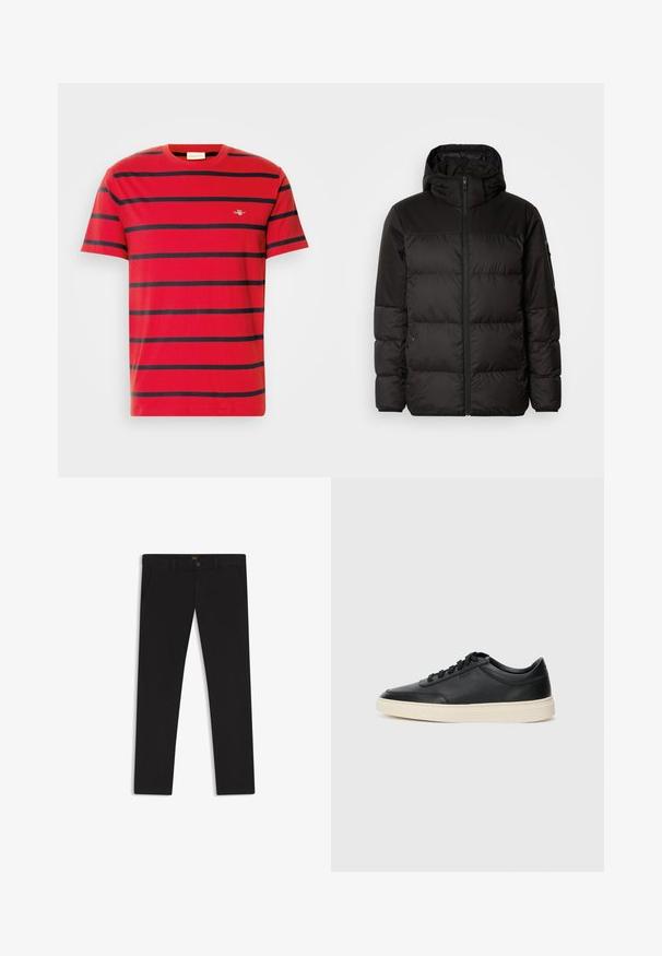 Schwarze Pufferjacke mit Reißverschluss, Kapuze, gesteppten Abschnitten und elastischen Bündchen, hergestellt aus einem glatten, wasserabweisenden Material.; Rotes Baumwoll-T-Shirt mit horizontalen marineblauen Streifen, einem Rundhalskragen und einem kleinen gestickten Logo auf der Brust. Klassisches Schnittdesign.; Schwarze Hosen aus einem Stoff mit glatter текстуре. Verfügt über einen Knopfverschluss, Gürtelschlaufen und Seitentaschen. Klassisches Design mit geradem Bein.; Schwarzer niedriger Ledersneaker mit schwarzen Schnürsenkeln und cremefarbenem Sohlenrand, seitlich auf weißem Hintergrund dargestellt.