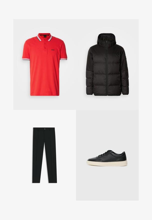 Czarna kurtka puchowa z zapięciem na zamek, kapturem, pikowanymi sekcjami i elastycznymi mankietami, wykonana z gładkiego, wodoodpornego materiału.; BOSS - Koszulka polo; Czarne spodnie materiałowe z prostymi nogawkami, wykonane z gładkiego materiału. Posiadają zamek na guzik z przodu oraz szlufki na pasek. Gładkie, bez wzorów.; Czarne niskie skórzane sneakersy z czarnymi sznurówkami i off-white podeszwą, prezentowane w profilu bocznym na białym tle.