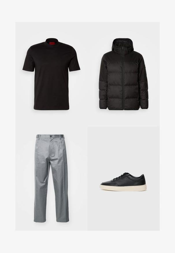 Juodas pūkinis švarkas turi užtrauktuką, gobtuvą, siūlinčius skyrius ir elastinius rankogalius, pagamintas iš lygaus, vandeniui atsparaus medžiagos.; Juoda trumpomis rankovėmis marškinėliai su aukštu kaklu. Pagaminti iš lygaus audinio. Vidiniame apykaklėje yra raudonas prekės ženklo etiketė.; Pilkos medvilnės mišinio kelnės su tiesiomis kojomis, turinčios priekį mygtuku užsegamas, diržo kilpas ir šonines kišenes.; Juoda žema viršutinė odinė sportbačiai su juodais raišteliais ir kreminiu padu, pateikti šoniniame profilyje ant baltos fono.