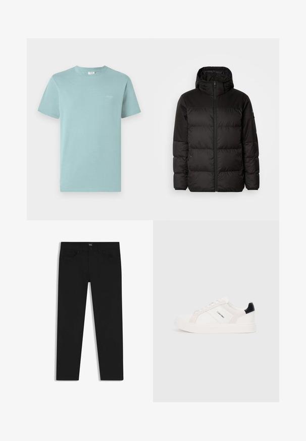 Schwarze Pufferjacke mit Reißverschluss, Kapuze, gesteppten Abschnitten und elastischen Bündchen, hergestellt aus einem glatten, wasserabweisenden Material.; Helles blaues Baumwoll-T-Shirt mit Rundhalsausschnitt und kurzen Ärmeln. Verfügt über ein kleines Markenlogo in Weiß auf der Brust. Schlichtes Design.; Schwarze Denim-Hosen mit geradem Schnitt, ausgestattet mit einem Standardbund, fünf Taschen und einem Knopfverschluss. Angenehme, glatte Textur.; Weiße Sneakers mit hellrosa und schwarzen Akzenten, featuring glattem Leder und Wildlederpaneelen, runder Zehenform und flacher Gummisohle.